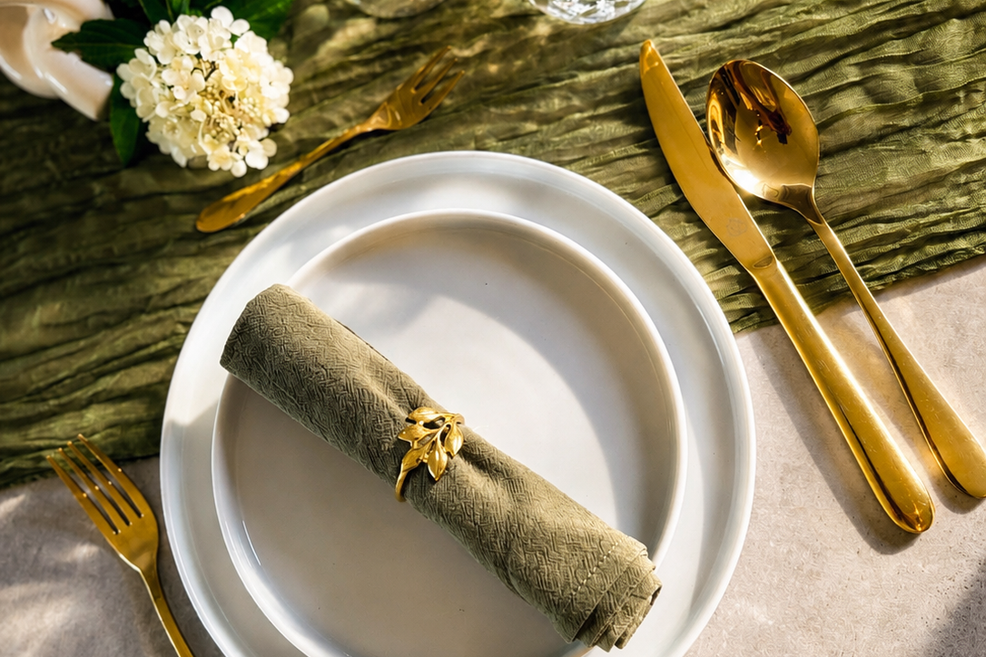 Hochzeitsdeko mieten Tischgedeck mit Tellern, Besteck und gefalteter Serviette auf einem eleganten Tisch.