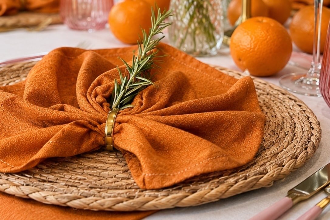 Hochzeitsdeko mieten Tischgedeck mit Tellern, Besteck und gefalteter Serviette auf einem eleganten Tisch.